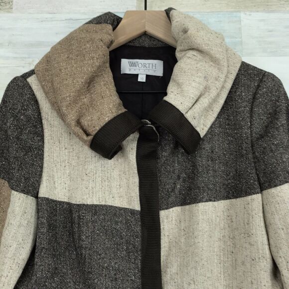 Worth Tweed Button Up Jacket Rolled Collar Brown Tan Plaid Womens 10 Petite 10P - Picture 2 of 8